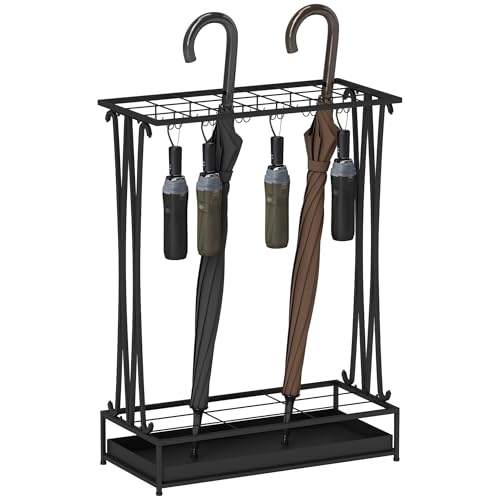 HOMCOM Regenschirmständer Stahl Schirmständer Rechteckiger Schirmhalter mit 24 Haken, 21 Löchern, herausnehmbare Wasserauffangschale für Gehstöcke & Regenschirme 50 x 24 x 68 cm Schwarz