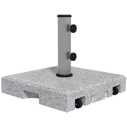 Outsunny Sonnenschirmständer aus Granit 28kg Sonnenschirmfuß mit Zwei Drehknöpfen am Standfuß für Mastdurchmesser Ø 32/38/48 mm, Schirmständer mit Rollen für Garten, Balkon, Granit, Grau