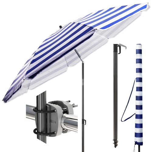 Menz Sonnenschirm Balkon Ø 180 cm, 3-IN-1 Set in Blau-Weiß - UPF 50+ Balkon Schirm, inkl. Sonnenschirmhalter Balkongeländer und Sonnenschirmhülle, ideal für Sonnenschutz Balkon, Gartenschirm