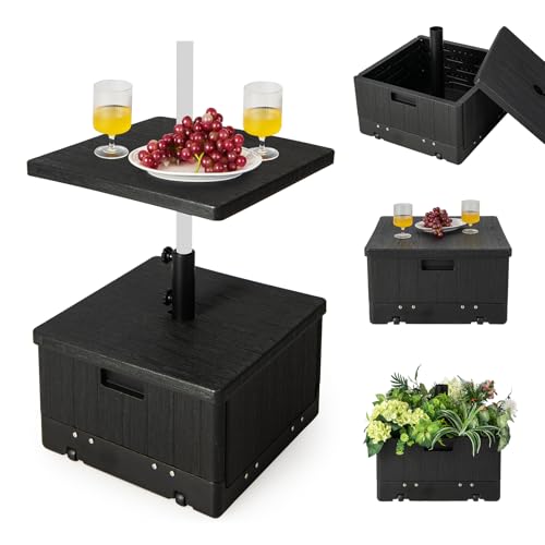 KOMFOTTEU Sonnenschirmständer mit Rollen & Tischablage, Schirmständer befüllbar mit 55 l Wasser/80 kg Sand, Sonnenschirmfuß für Schirmstöcke von 38/48 mm, Marktschirmständer mit Griff & Gewichtstasche