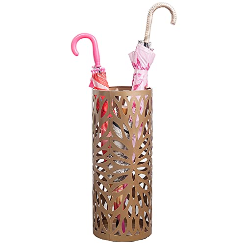 XAXIAOZ Schirmständer Vintage Runder Schirmeimer für Spazierstöcke, hohlgeschnitzter Schirmständer aus Metall, Schirmständer für den Innenbereich im Homeoffice (Farbe: Gold)