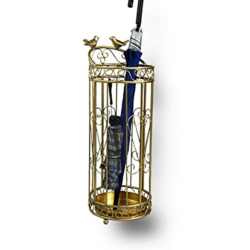 JJ-SFC Metallrahmen Schirmständer,Vintage Hohl Geschnitzte Regenschirmständer Inhaber Frei Stehend Umbrella Storage Container Organizer Mit Edelstahl Entfernbar Tropfschale-Gold