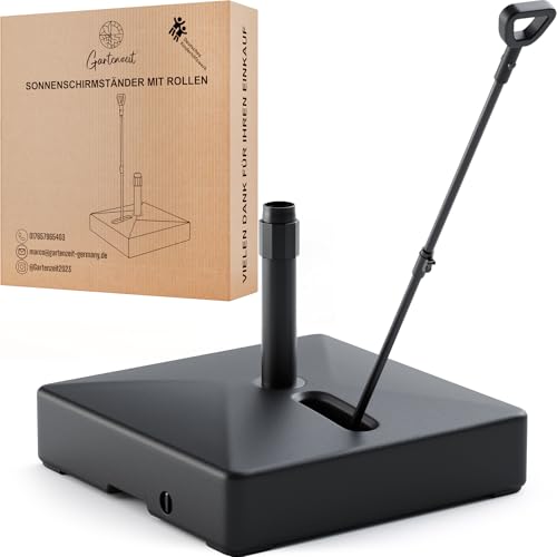 Gartenzeit® Sonnenschirmständer, befüllbar, rollbar, 65kg Maße 60x60x17cm, Patent, schwarz, Sonnenschirmständer für Sonnenschirme, fahbar, mobil, Wasser, Sand