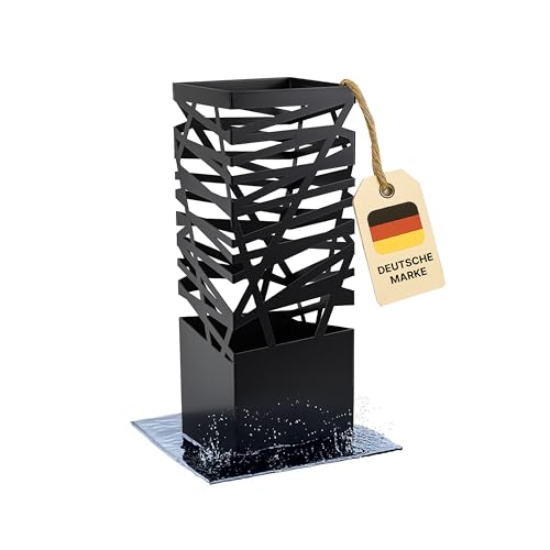 Dönges Premium Regenschirmständer aus Metall mit Abtropfschale & Haken | Platzsparend 15x15x45 cm | Schirmständer in elegantem schwarz | Werkzeuglose Montage | Ideal für Regenschirme, Wanderstöcke