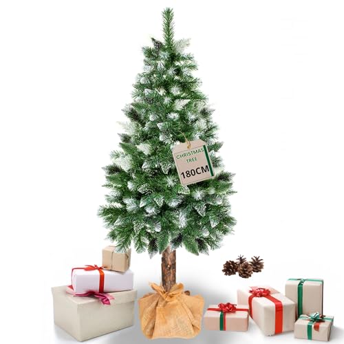 SPRINGOS Weihnachtsbaum mit Holzstamm Naturzapfen Kunstschnee 180 cm Diamant-Kiefer Künstlicher Christbaum Jutestoff Kunstbaum wie Echt Nachbildung der Kiefer