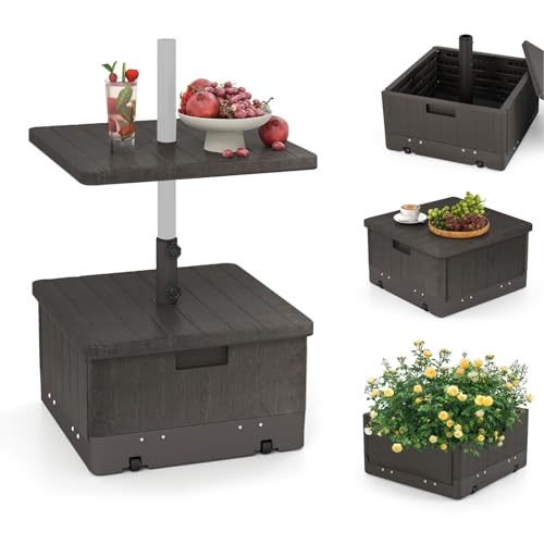 KOMFOTTEU Sonnenschirmständer mit Rollen & Tischablage, Schirmständer befüllbar mit 55 l Wasser/80 kg Sand, für Schirmstöcke von 38/48 mm, Marktschirmständer mit Griff & Gewichtstasche (Braun)