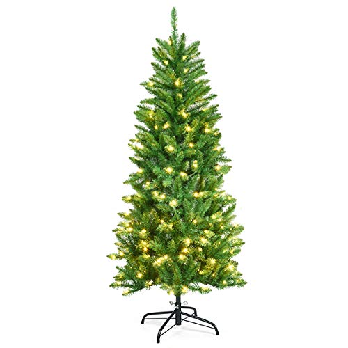 GOPLUS 150/180cm Künstlicher Weihnachtsbaum mit Beleuchtung, Christbaum mit PVC-Blätter & Metallständer, Tannenbaum künstlich, für Weihnachten (150cm)
