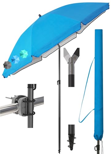 Menz Sonnenschirm Balkon Ø 200 cm in Blau, 3-IN-1 Set - UPF 50+ Balkon Schirm + Sonnenschirmhalter Balkongeländer + Sonnenschirm Schutzhülle, Zuverlässiger Sonnenschutz Balkon