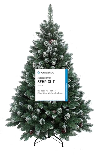RS Trade 15013 Schneebaum 180 cm Weihnachtsbaum künstlich mit Schnee und Zapfen (Ø ca. 114 cm) ca. 1095 Spitzen, schwer entflammbarer Tannenbaum mit Schnellaufbau Klappsystem, inkl. Christbaum Ständer