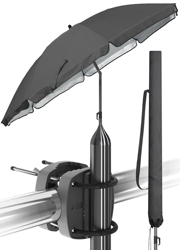 Menz Sonnenschirm Balkon als Sonnenschutz Balkon 3-IN-1 SET - UPF 50+ Sonnenschirm 180 cm in Anthrazit + Sonnenschirmhalter Balkongeländer + Sonnenschirmhülle für Balkon, Terrasse & Garten