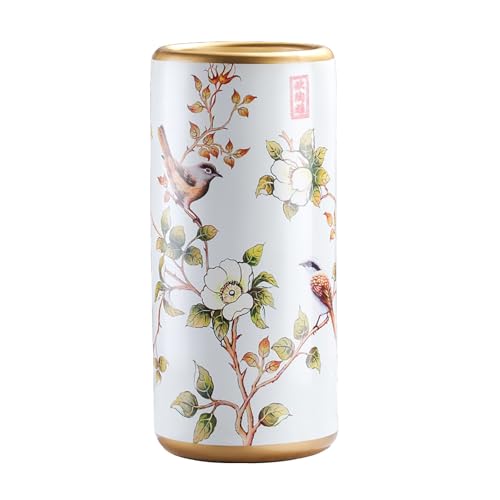 KireiBamboo Keramischer Schirmständer Weißer Chinesischer Schirmhalter Handgefertigter Appliques Chinesischer Schirmständer Vintage Stockhalter Für Innen Eingang Eingang Haus - 19.5×44cm