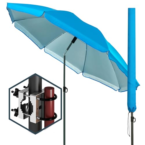 Menz Sonnenschirm Balkon Ø 180 cm, 3-IN-1 SET - Sonnenschirm Strand UPF 50+, Gartenschirm mit Knickfunktion - Balkon Schirm + Sonnenschirmhalter Balkongeländer + Sonnenschirmhülle, Fb. Blau