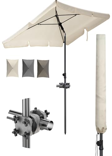 Menz Sonnenschirm Balkon 3-teiliges Komplettset, Beige - UPF 50+ Sonnenschirm rechteckig 200 x 125 cm + robuster Sonnenschirmhalter Balkongeländer + Sonnenschirmhülle, Sonnenschutz Balkon