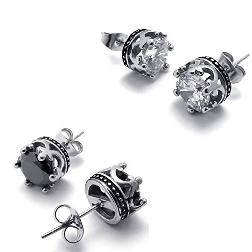 JewelryWe Schmuck 2 Paare Ohrstecker, Schwarz Weiss Zirkonia Krone Edelstahl Ohrringe Ohrschmuck, für Damen und Herren