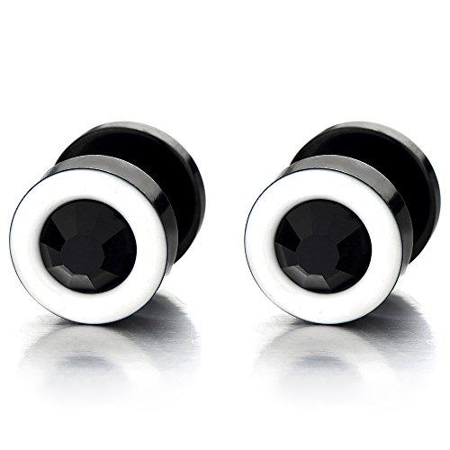 2 Weiß Schwarz Herren Damen Ohrringe Edelstahl Ohrstecker Fake Plugs Tunnel Ohr-Piercing mit 6mm Schwarz Zirkonia