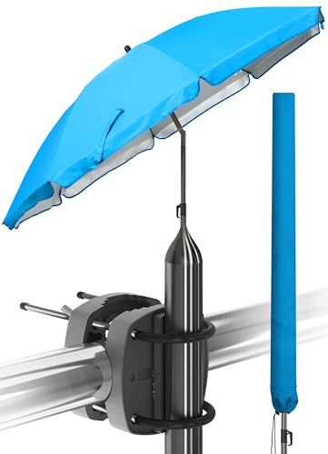 Menz Sonnenschirm Balkon als Sonnenschutz Balkon 3-IN-1 SET - UPF 50+ Sonnenschirm 180 cm in Blau + Sonnenschirmhalter Balkongeländer + Schutzhülle