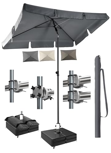 Menz Wählbares Sonnenschirm Balkon-Set, Anthrazit – UPF 50+ Sonnenschirm rechteckig 200 x 125 cm mit Sonnenschirmhülle, Sonnenschirmhalter für Balkongeländer oder befüllbarem Sonnenschirmständer