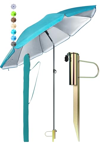 Menz Sonnenschirm Strand Ø 180 cm in Türkis, 3er Set – Strandschirm windfest stabil + Schirmhülle + Rasendorn Sonnenschirmhalter, UPF 50+ Sonnenschirm mit Rasendorn für Garten, Schirmspieß