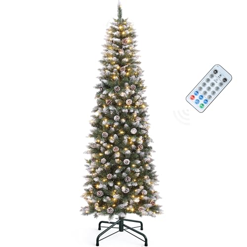 YITAHOME 180cm künstlicher Weihnachtsbaum Schmal »Scotch Pine« mit Fernbedienung – vorgeleuchteter Baum mit Zapfen, Nadeln und warmweißer/mehrfarbiger 250 LED-Farbwechselbeleuchtun g, ca. 618 Spitzen