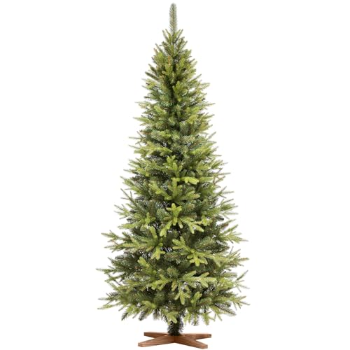 FAIRYTREES Weihnachtsbaum künstlich 180cm Nordmanntanne Bleistift Premium | Tannenbaum Holzständer | Made in EU | Christbaum künstlich mit Naturgetreue Spritzguss Elemente