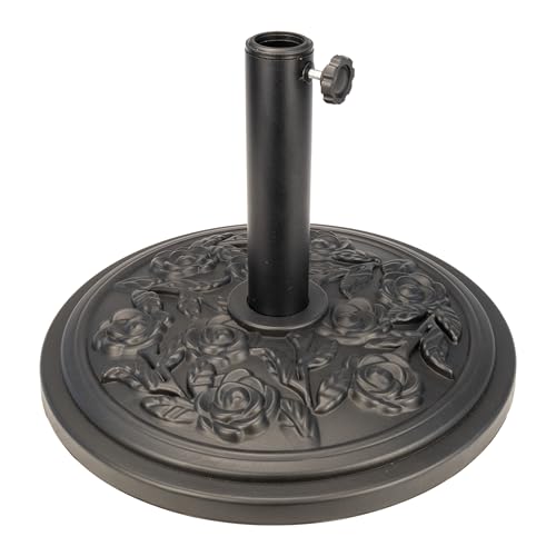DWELLTON® Sonnenschirmständer mit Blumenmuster – robuster Metallständer für Garten, Terrasse, Sonnenschirm, Baldachin (Gusseisen, strapazierfähig) (12,0 kg, Schwarz)