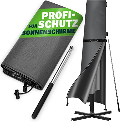 Kingsleeve Sonnenschirm Abdeckung bis Ø 330 cm mit Stab Winterfest Wetterfest Robust Reißfest Groß Wasserabweisend Schutzhülle Plane Abdeckplane Grau