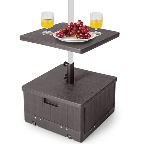 COSTWAY Sonnenschirmständer mit Rollen, Tischablage, Griff und beschwerter Tasche, 3-in-1 Schirmständer 45 Liter / 67 kg befüllbar mit Wasser oder Sand, Beistelltisch für Garten, Terrasse, Braun