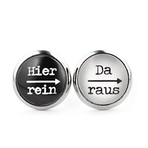 SCHMUCKZUCKER Damen Herren Unisex Ohrstecker mit Spruch Hier rein - da raus Lustige Edelstahl Ohrringe Silber Schwarz & Weiß 12mm