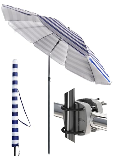 Menz Sonnenschirm Balkon Ø 180 cm, 3-IN-1 Set in Blau-Weiß - UPF 50+ Balkon Schirm, inkl. Sonnenschirmhalter Balkongeländer und Sonnenschirmhülle, ideal für Sonnenschutz Balkon, Gartenschirm