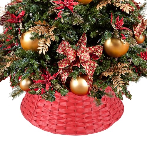 Weihnachtsbaum-Halsband, handgefertigt, künstliches Rattan, Korb, gewebter Baumringständer, Bodenabdeckung für Feiertage, Weihnachtsdekoration, rund, Rot