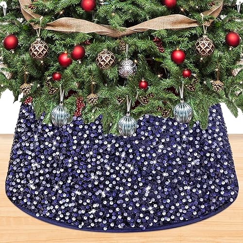 OMKSIH Weihnachtsbaumkragen Pailletten Baum Kragen für Bleistift Baum Marineblau Weihnachtsbaum Rock 23,6 Zoll Samt Weihnachtsbaum Bottom Cover Weihnachtsbaum Korb Basis Dekorationen