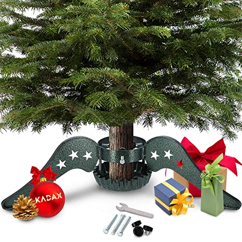 KADAX Weihnachtsbaumständer aus Stahl, Ständer für Baum, Stabiler Christbaumständer mit Wasserbehälter, Tannenbaumständer mit Knöpfen, Verschiedene Großen, grün (Breite: 65 cm)