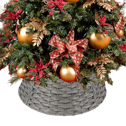 Weihnachtsbaum-Halsband, 58,4 cm, handgefertigt, künstliches Rattan, Korb, gewebter Baumring, Ständer, Basisabdeckung für Urlaubsdekoration, rund, grau