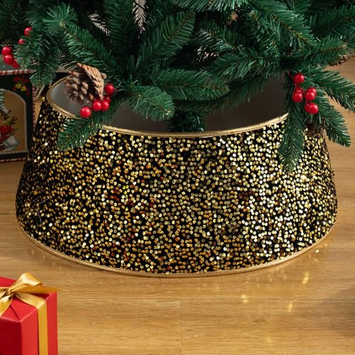 Weihnachtsbaum-Kragen, rote Pailletten, Weihnachtsbaum-Rock, Faltbare Weihnachtsbaum-Ständer-A bdeckung für Weihnachtsbaum-Ständer-K orb(Gold Sequins,55 * 72 * 25cm)