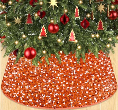 WUPIOS Orange Weihnachtsbaumkragen Pailletten Weihnachtsbaum Ring 60 cm Glitzer Weihnachtsbaum Halsbänder Pailletten Baum Kragen Burnt Orange Baum Rock Sparkle Baum Basis Korb für Urlaub Party