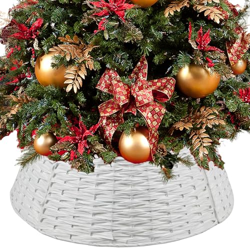 Weihnachtsbaum-Halsband, 66 cm, handgefertigt, künstliches Rattan, Korb, gewebter Baumringständer, Basisabdeckung für Feiertage, Weihnachtsdekoration, rund, Weiß