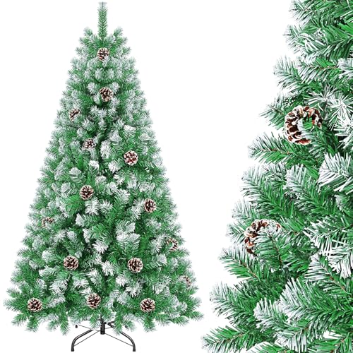 Künstlicher Weihnachtsbaum Künstlich 180 cm mit Schnee Tannenzapfen, Nordmanntanne Tannenbaum Christbaum Künstlich mit Metall Ständer, Künstliche Tannenbäume Weihnachtsbäume PVC für Weihnachten Deko