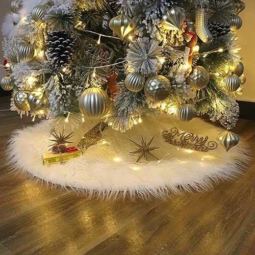 Woolous Weihnachtsbaum Decke Weiss 150cm Groß Weihnachtsbaumdecke, Weihnachtsbaumrock Aus Künstliche Mongolische Schafwolle, LuxuriöSe Runde Baumdecke für Weihnachtsdekoration