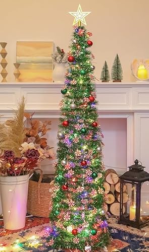 HMASYO 180 cm Pop-Up Lametta Weihnachtsbaum mit 100 Timer-Lichter und Fernbedienung, Zusammenklappbarer Künstlicher Schlanken Weihnachtsbaum für Zuhause Wohnung Büro Festdekoration, USB-Betrieb
