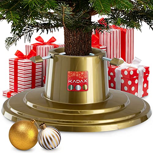 KADAX Weihnachtsbaumständer, Christbaumständer mit Wasserbehälter, Tannenbaumständer für einen echten Baum, Kunststoffständer für einen Weihnachtsbaum (Gold/Baumhöhe bis 2m)