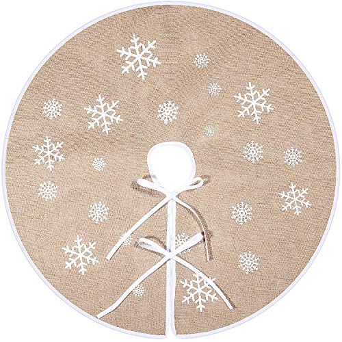 Tatuo Weihnachtsbaum Rock Weiße Schneeflocke Gedruckt Sackleinen Baum Röcke Base Abdeckung Weihnachten Weihnachtsfeiertag Dekorationen (80 cm)