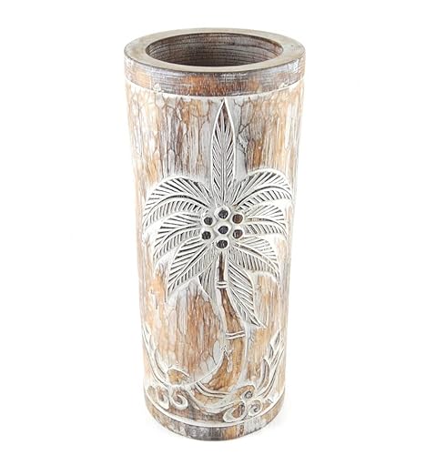 Coco Papaya Schirmständer oder Vase aus Holz, 50 cm, Palmendekor – Braun gekalkt weiß