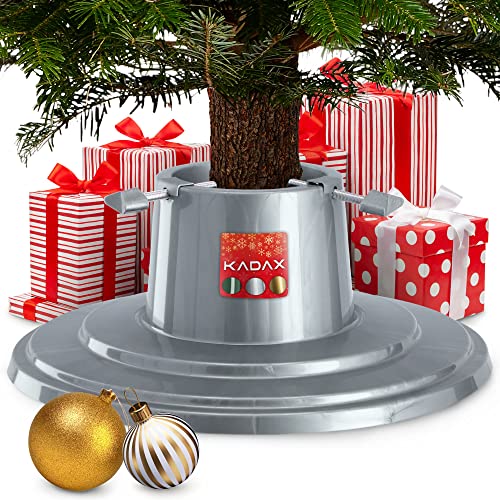 KADAX Weihnachtsbaumständer, Christbaumständer mit Wasserbehälter, Tannenbaumständer für einen echten Baum, Kunststoffständer für einen Weihnachtsbaum (Silber/Baumhöhe bis 2m)