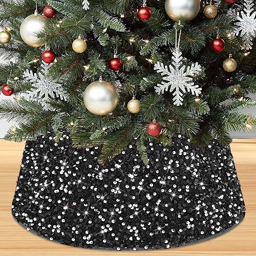 PATYDEST Großer schwarzer Weihnachtsbaumkragen Glitzer Weihnachtsbaum Rock 72 cm Pailletten Halloween Baumkragen Sparkle Baum Ständer Kragen A Tree Base Cover Korb Outdoor für Urlaub Dekoration