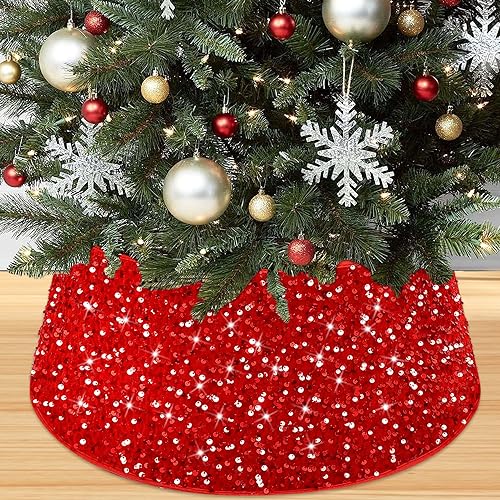 PATYDEST Roter Weihnachtsbaumkragen Pailletten Weihnachtsbaum Ring 28,8 Zoll große Baumbasis Abdeckung rund glitzernde Weihnachtsbaumrock Korb Glitzer Baumständer Halsbänder für Heiligabend Party