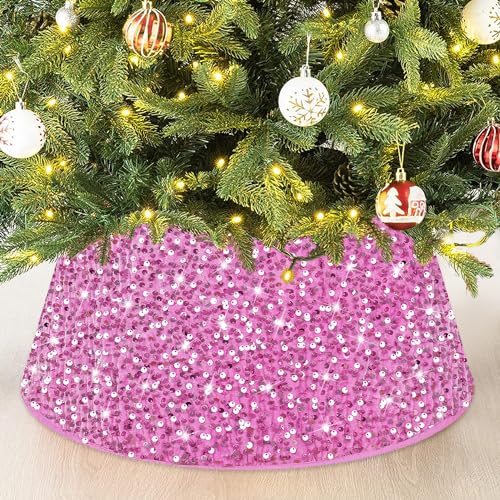 FANPROMS 71,1 cm Weihnachtsbaumkragen rosa Pailletten Baumkragen Rock Luxuriöser Samt Weihnachtsbaum Ring Vintage Glitzer Baum Basis Abdeckung Korb Sparkle Weihnachtsbaum Rock für Party Anlass