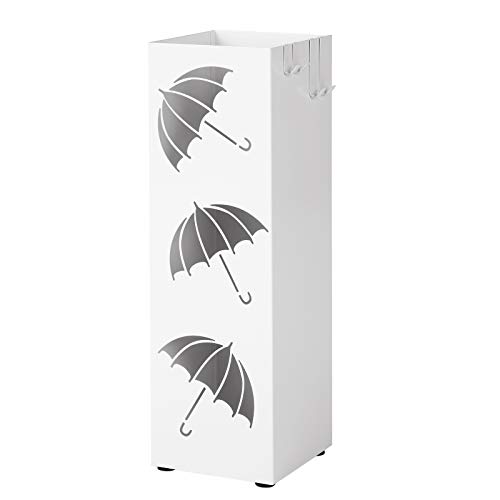 SONGMICS Regenschirmständer aus Metall, quadratischer Schirmständer, Wasserauffangschale herausnehmbar, mit Haken, 15,5 x 15,5 x 49 cm, weiß LUC26W